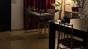 Un comedor con una mesa, sillas, una cortina roja y plantas en macetas.