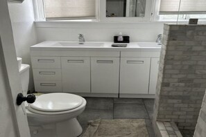 Regadera, toallas, jabón, papel de baño