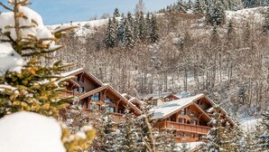 Eine Holzhütte mit mehreren Balkonen, umgeben von schneebedeckten Bäumen und einem klaren Himmel.
