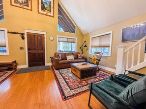 Smart TV, fireplace, books