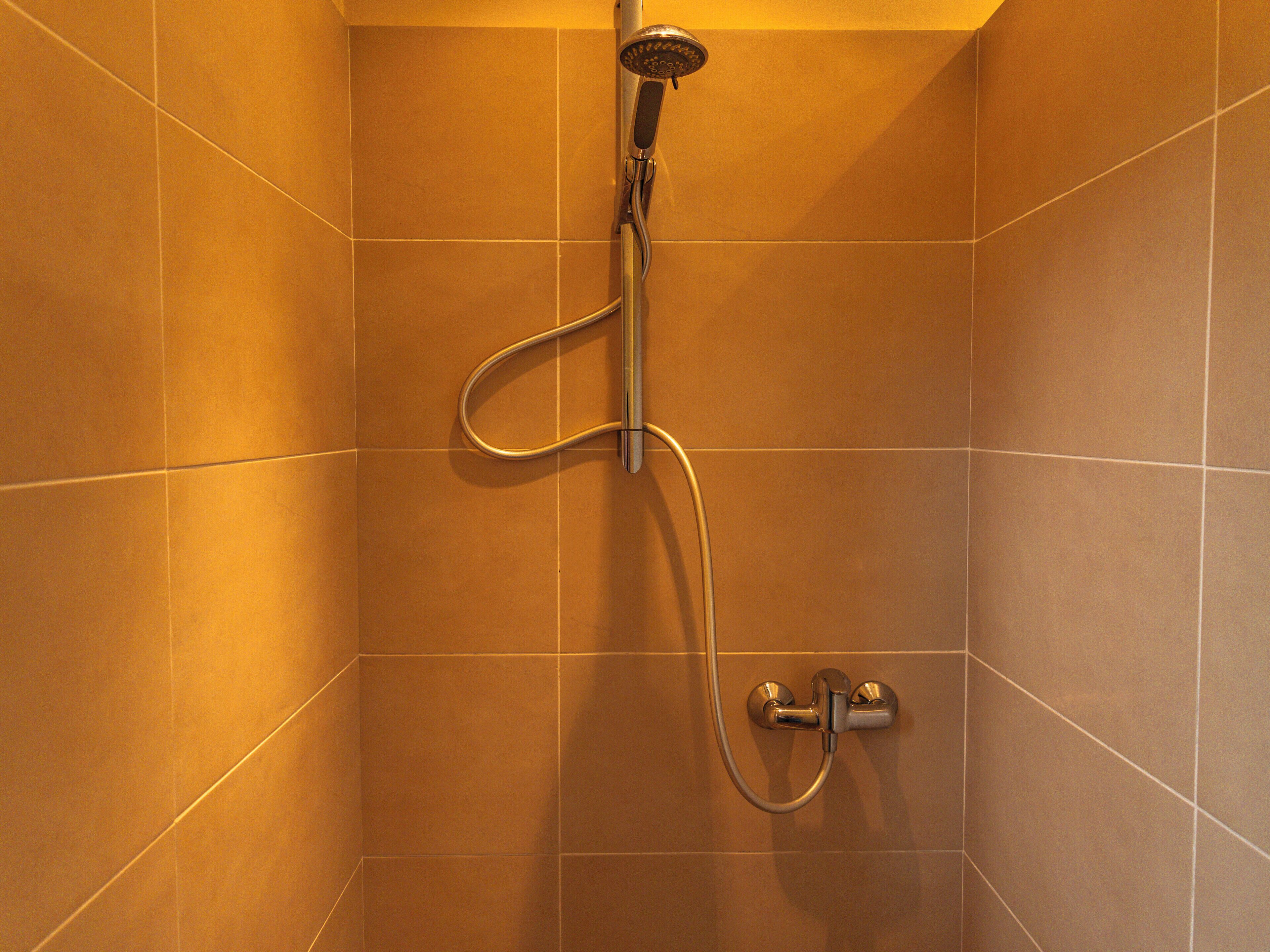Une douche équipée d’un pommeau de douche à main et d’un robinet mural, dans une salle de bain carrelée.