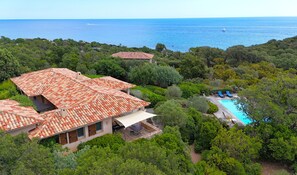 A villa with a tiled roof, a swimming pool, and a view of the sea. - Villa A Pinedda Mare (Zonza)