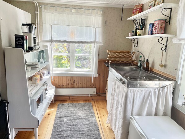 Réfrigérateur, micro-ondes, plaque de cuisson, cafetière/bouilloire