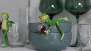 A shelf with a green frog figurine, a glass, and two green wine glasses. - Coqui Tiny House - Unit 12 (Rincón)