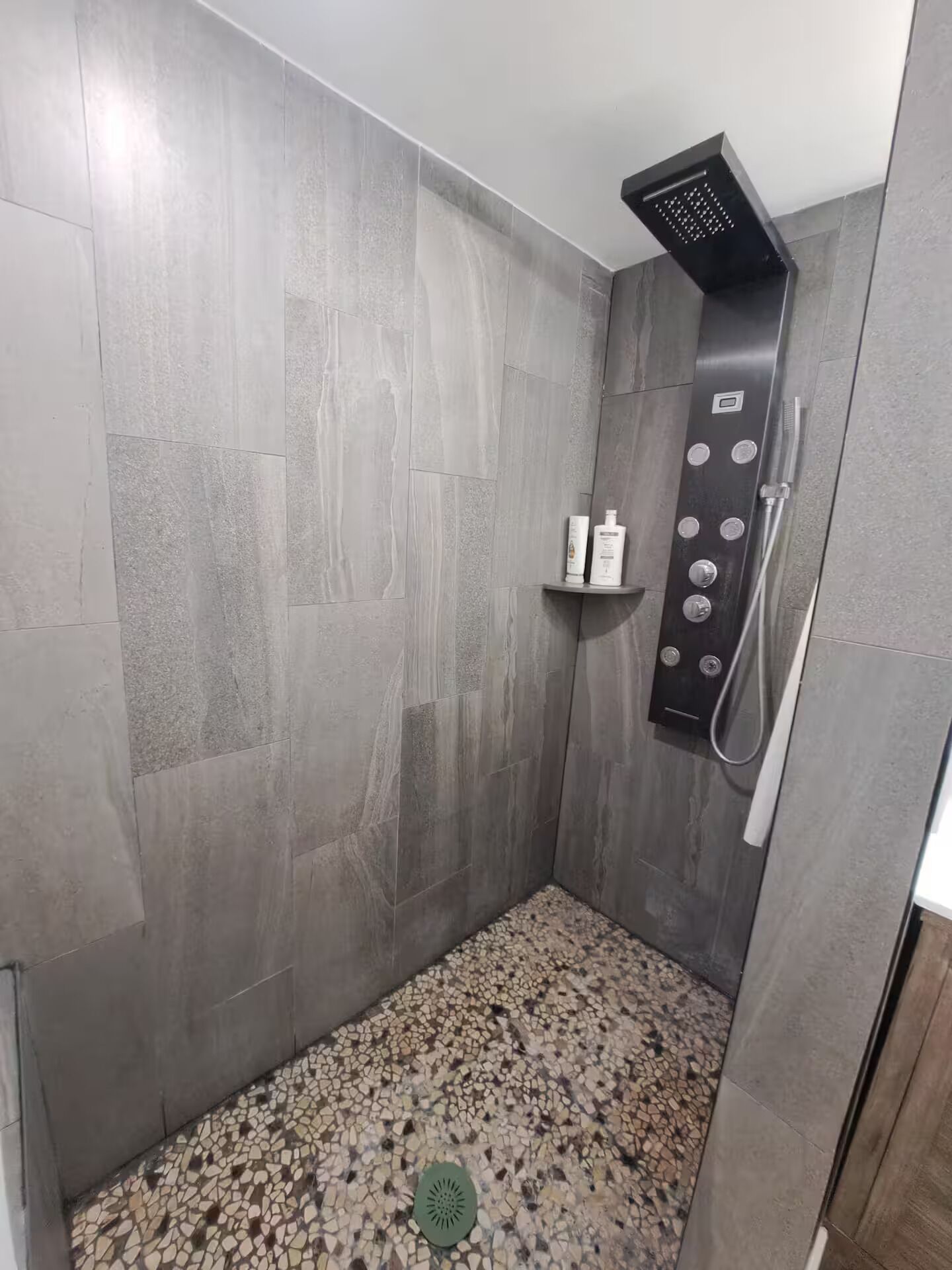 Een douche, een haardroger, een bidet, handdoeken