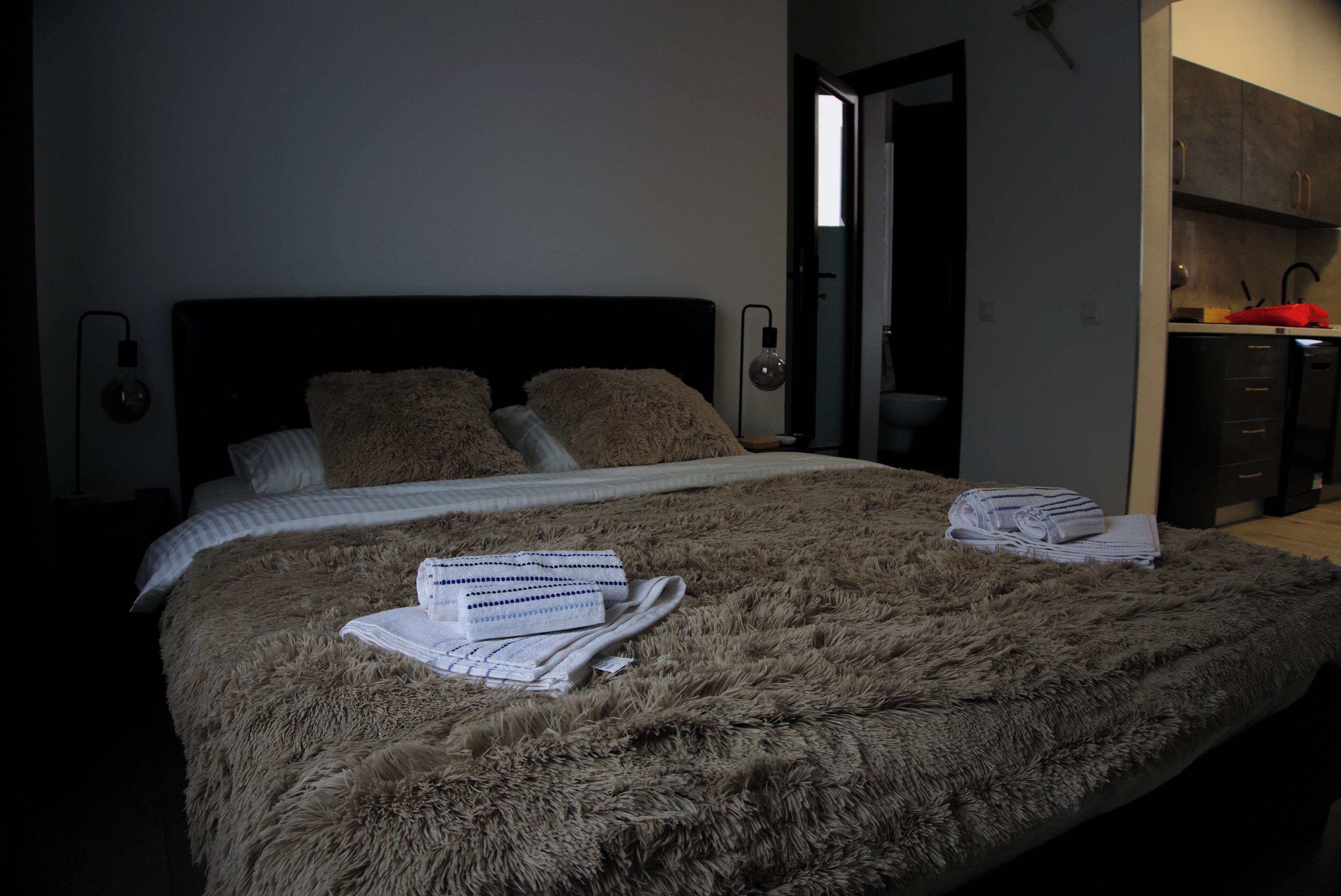 A bedroom with a large bed, fluffy bedding, a bedside lamp, and a view into the kitchen.