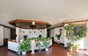 A reception area with a wooden ceiling, tiled floor, and multiple potted plants.