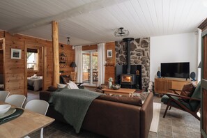 Fireplace, books, computer monitors