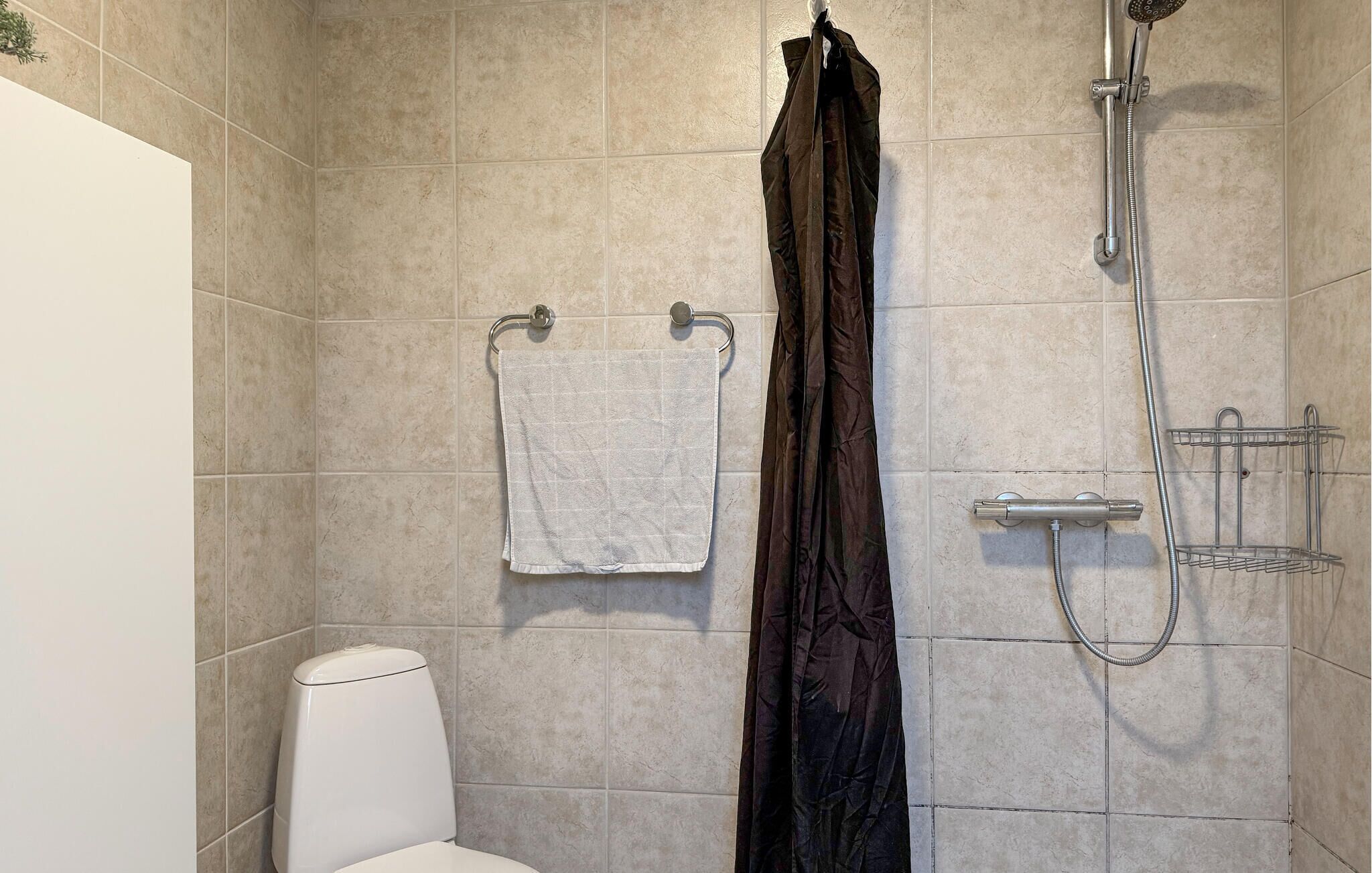 A bathroom with a shower, toilet, and towel rack.