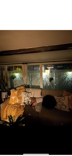 Un salon chaleureux avec un canapé, des coussins et une plante en pot.