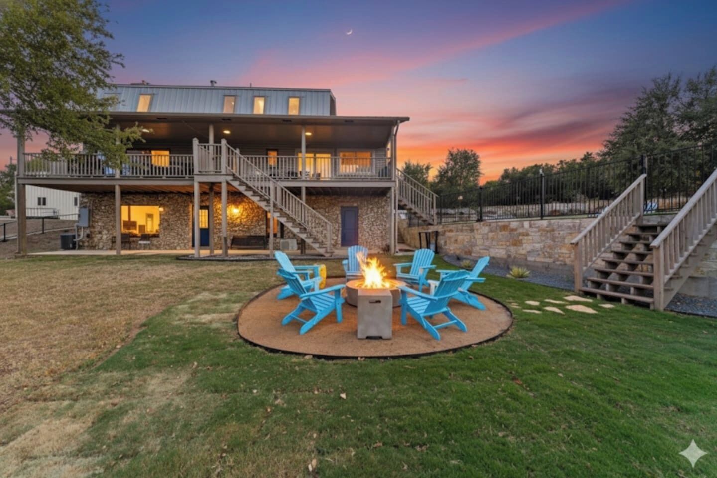 A two-story house with a fire pit and outdoor seating.