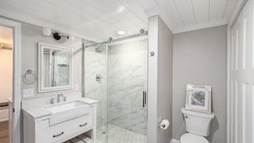 A bathroom with a white vanity, a glass shower enclosure, and a toilet.