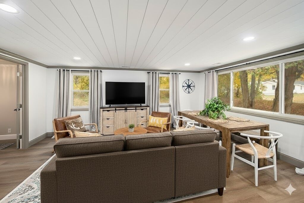 Una sala de estar moderna con un sofá modular, televisor, mesa de comedor con sillas y ventanas grandes con cortinas.