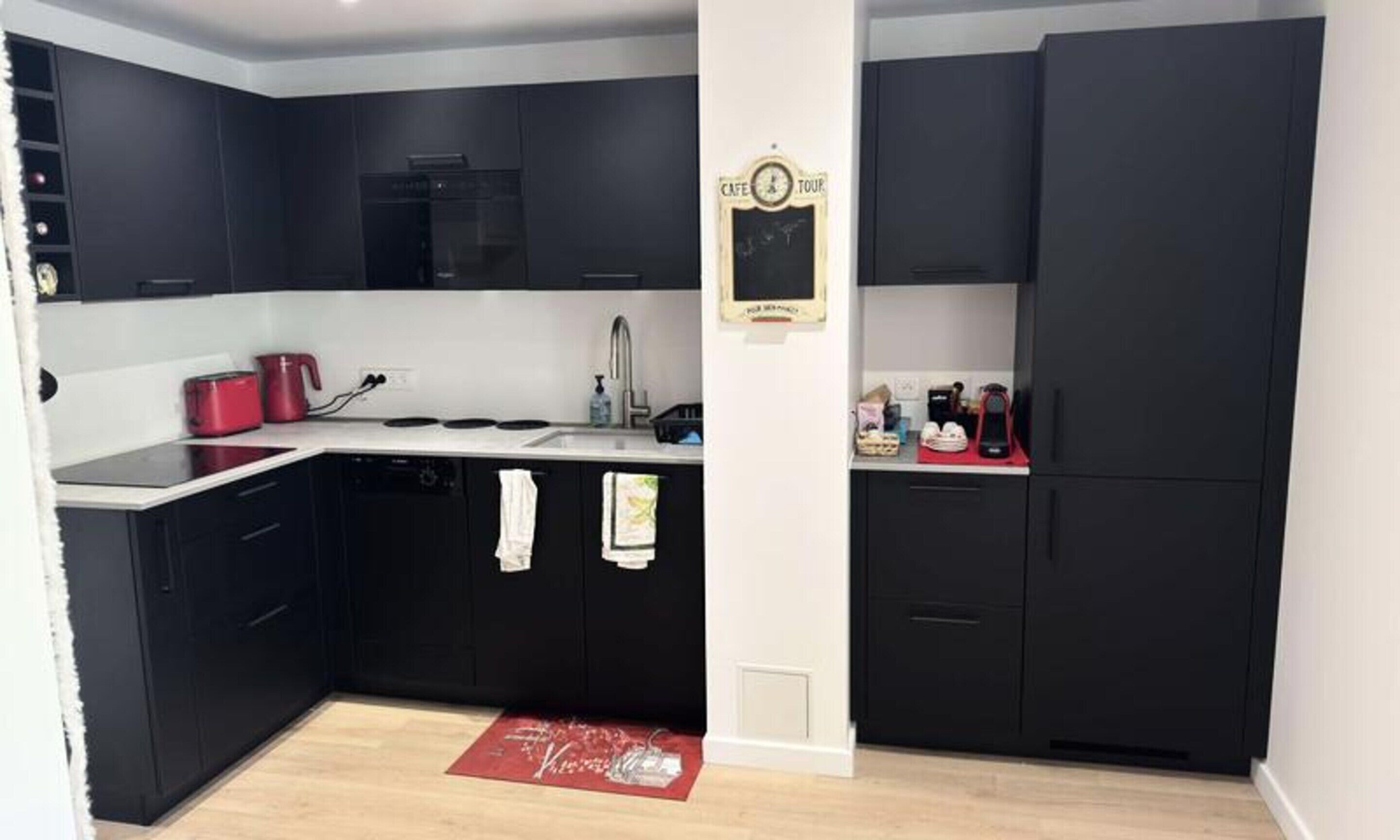 Dishwasher, coffee/tea maker, cookware/dishes/utensils