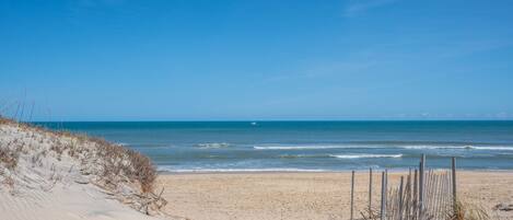 Une plage de sable bordée d’une clôture en bois et où la végétation est clairsemée.