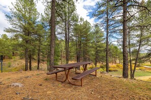 Outdoor dining - 🌲 Forest Cabin Retreat Overlooking a Meadow & Pond (Flagstaff)
