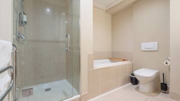 Hair dryer, towels, soap, toilet paper