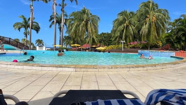 A pool area with palm trees, lounge chairs, and umbrellas. - Building Martinique (Sainte-Luce)