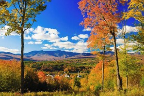 Une vue pittoresque d’une vallée aux couleurs automnales, avec un ciel dégagé et des montagnes à l’horizon.