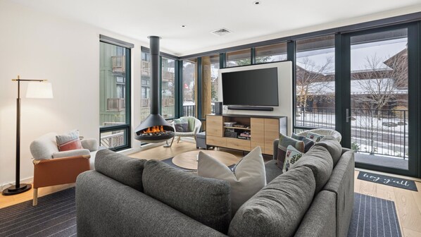 Smart TV, fireplace, stereo, computer monitors