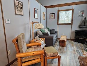 Smart TV, fireplace, books