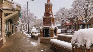 Una chimenea de ladrillo cubierta de nieve, un muro de ladrillo y un escaparate con un letrero.
