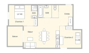 Floor plan - 3-room Apartment Les Saisies Bisanne 1500 Sleeps 7 (Villard-sur-Doron)