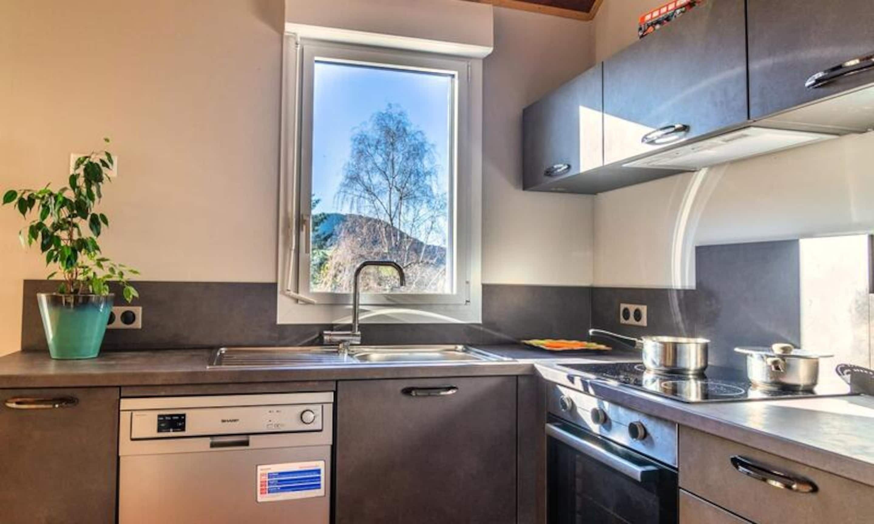 Fridge, oven, dishwasher, cookware/dishes/utensils