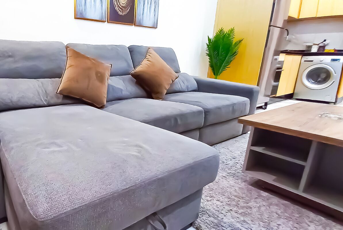 En grå soffa med två bruna kuddar, ett träbord och en tvättmaskin i bakgrunden.