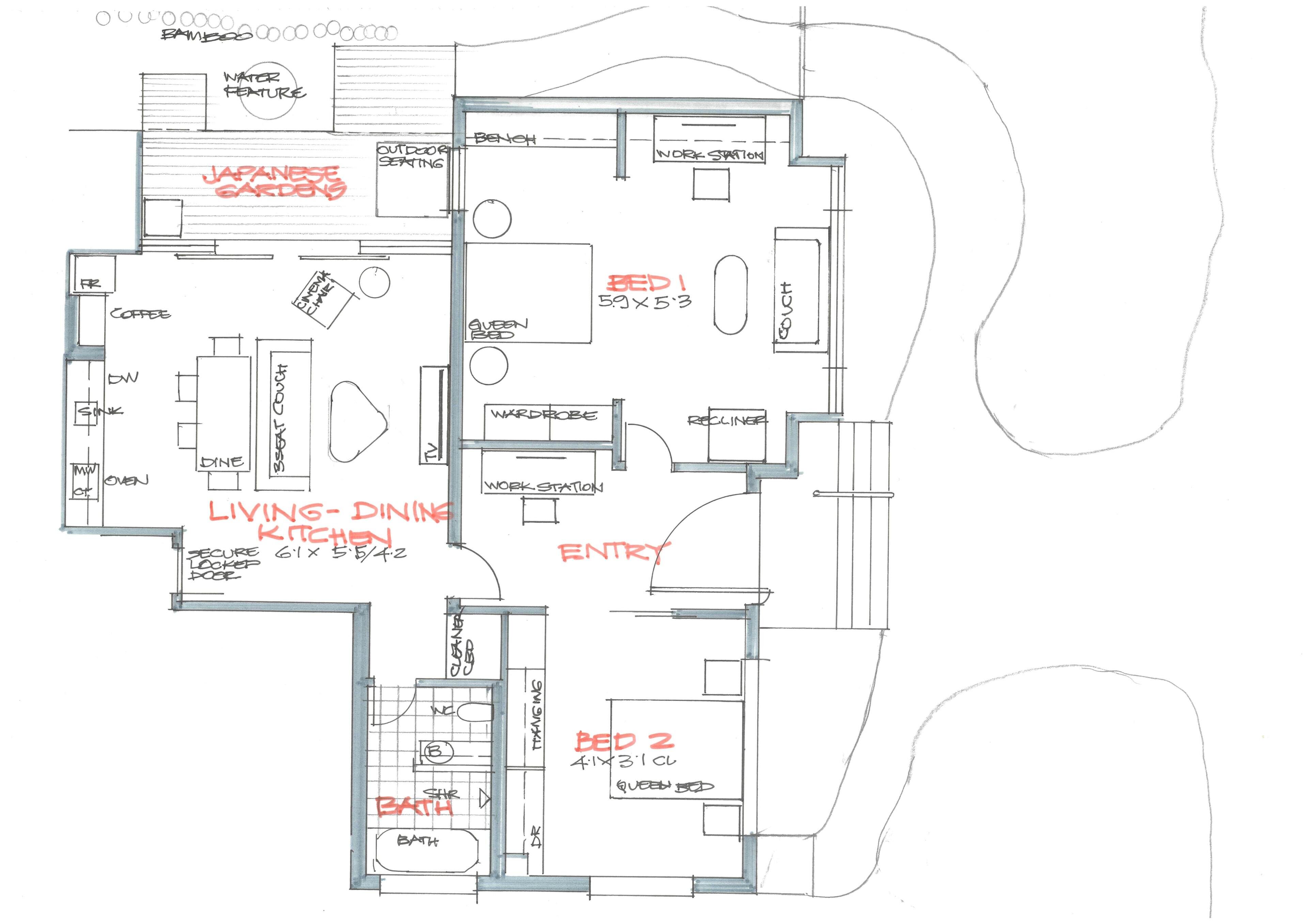 En planritning över ett hotell med japansk trädgård som tema, med ett kombinerat vardagsrum, matsal och kök, två sovrum, ett badrum och en arbetsplats.