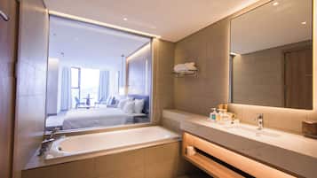 Shower, jetted tub, hair dryer, bidet