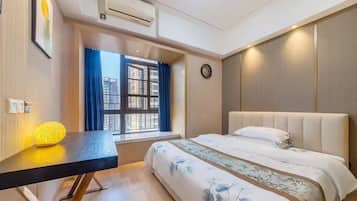 Desk, laptop workspace, blackout curtains, soundproofing