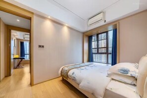 Desk, laptop workspace, blackout curtains, soundproofing