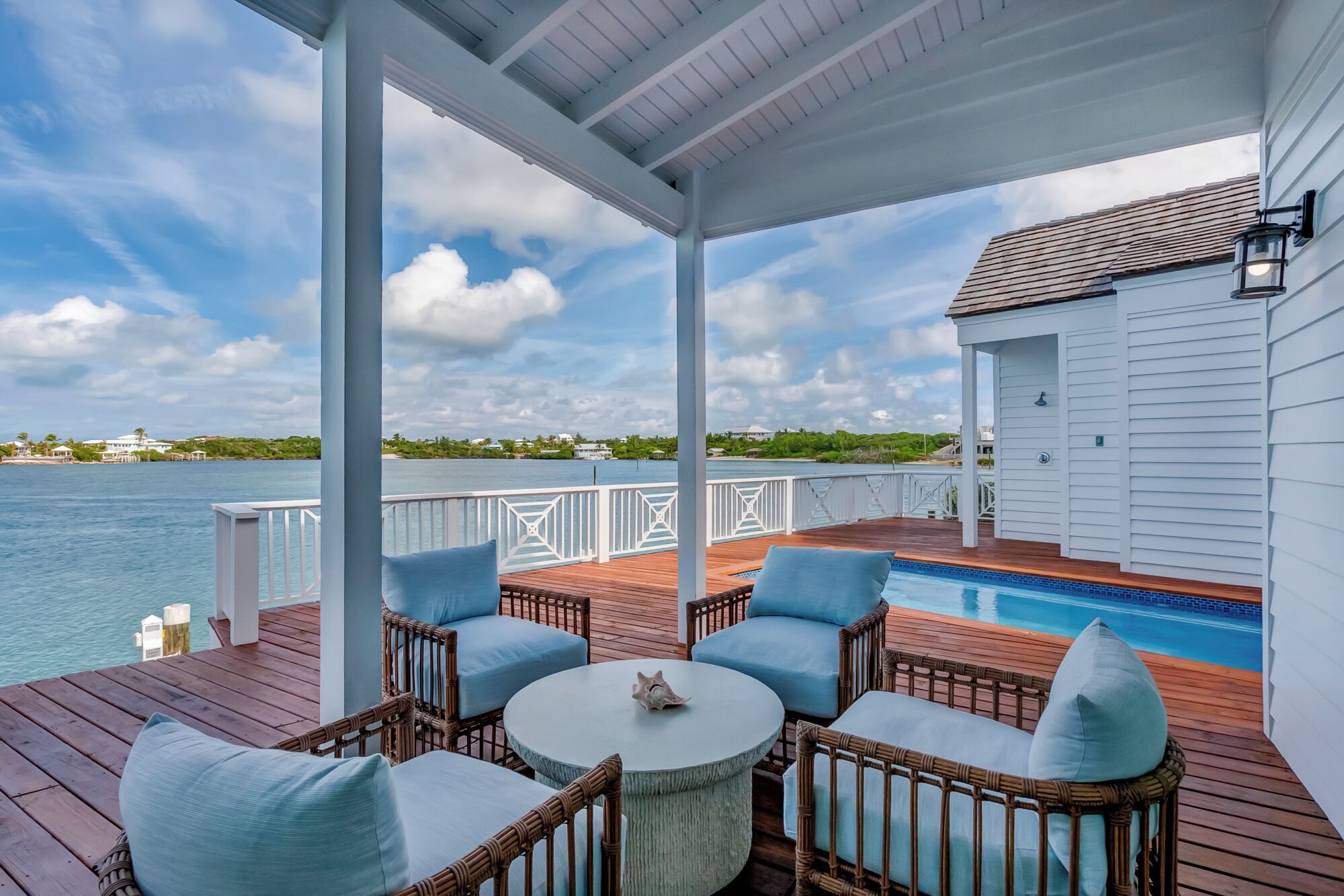 A covered outdoor area with wicker furniture and a pool.