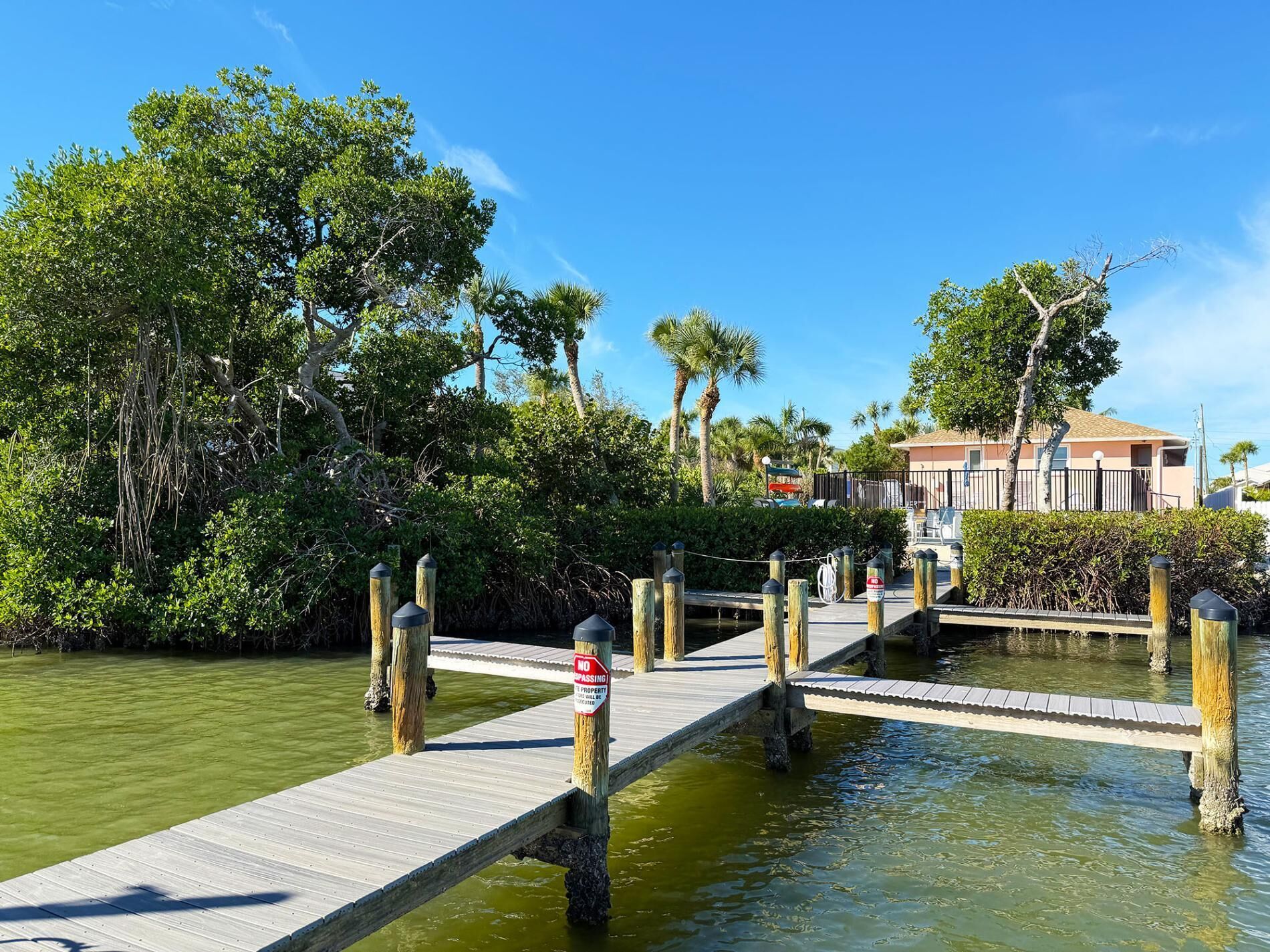 A wooden pier extending over a body of water, surrounded by dense greenery and a building in the background.