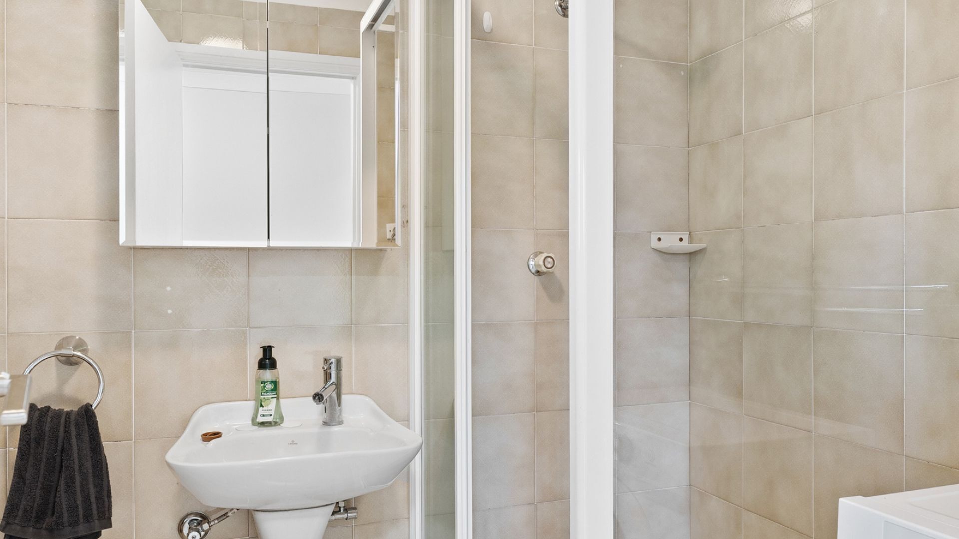 Un baño con lavamanos blanco, un espejo y zona de ducha.