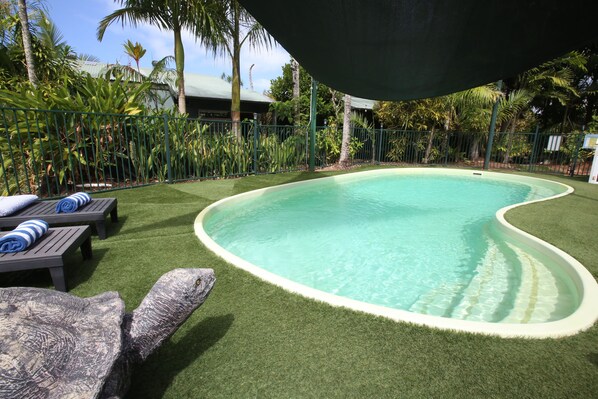 A swimming pool with artificial grass, lounge chairs, and a large turtle statue. - Rainforest Motel (Mission Beach)