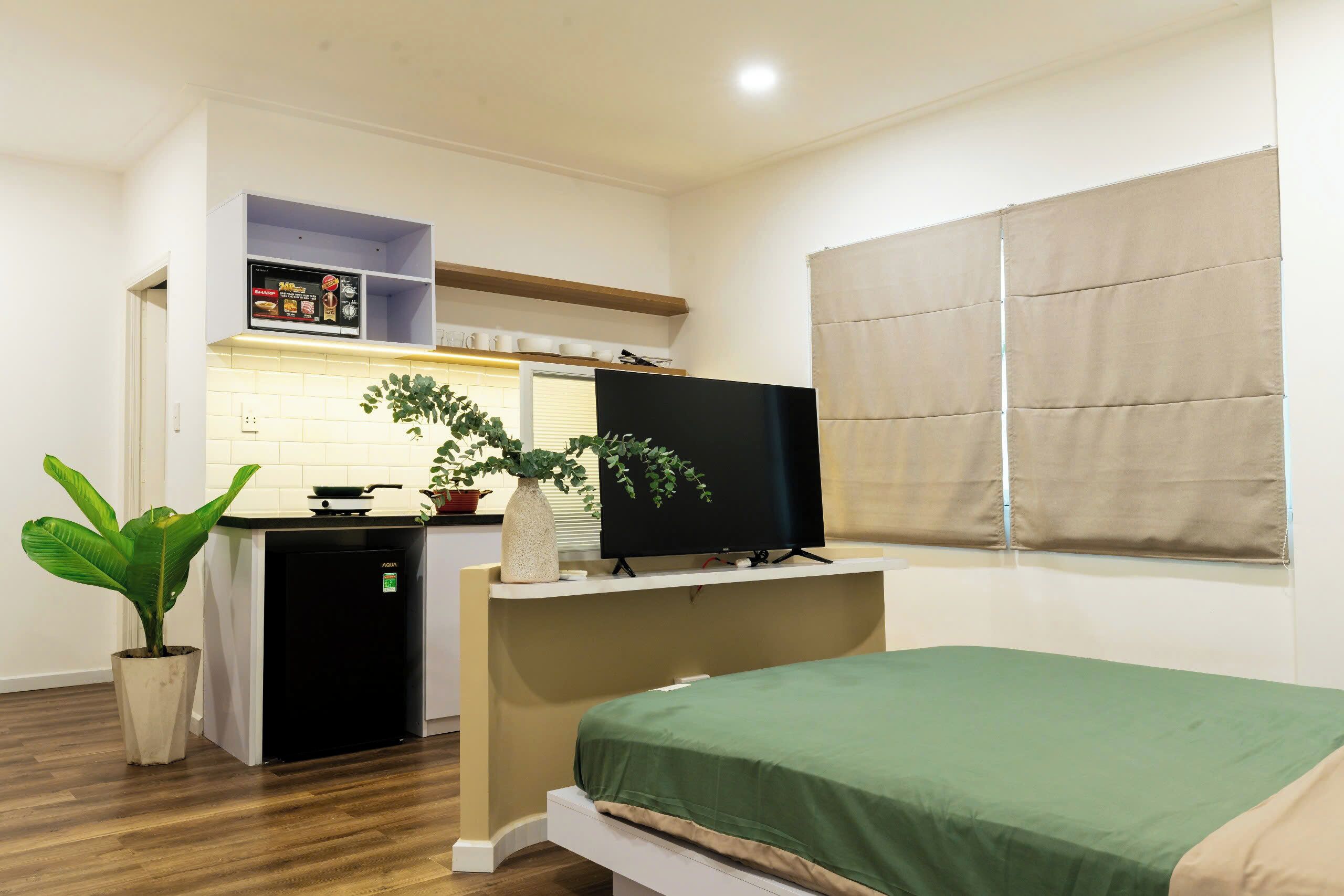 A bedroom with a bed, a TV, a small kitchenette, and a potted plant.