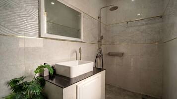 Shower, towels, soap, toilet paper