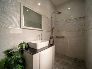 Shower, towels, soap, toilet paper