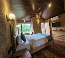 Quarto com teto de madeira, cama com roupa de cama branca, manta azul, televisão na parede e janela com vista para vegetação.