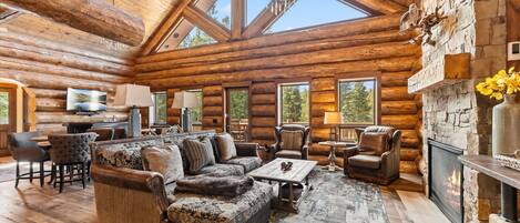 Televisión, chimenea y oficina