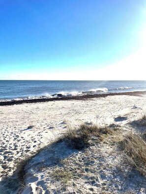 Ein Strand mit blauem Himmel, sandigem Ufer und Wellen.