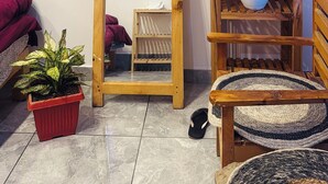 A room with a wooden floor, a wooden chair, a wooden shelf with plants, a mirror, and a bed with a red blanket. - Karma Yatri Mudhouse Kasol (Bhuntar)