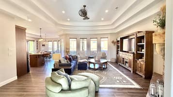 Télévision, cheminée, espaces bureaux