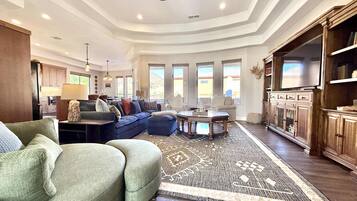 Télévision, cheminée, espaces bureaux