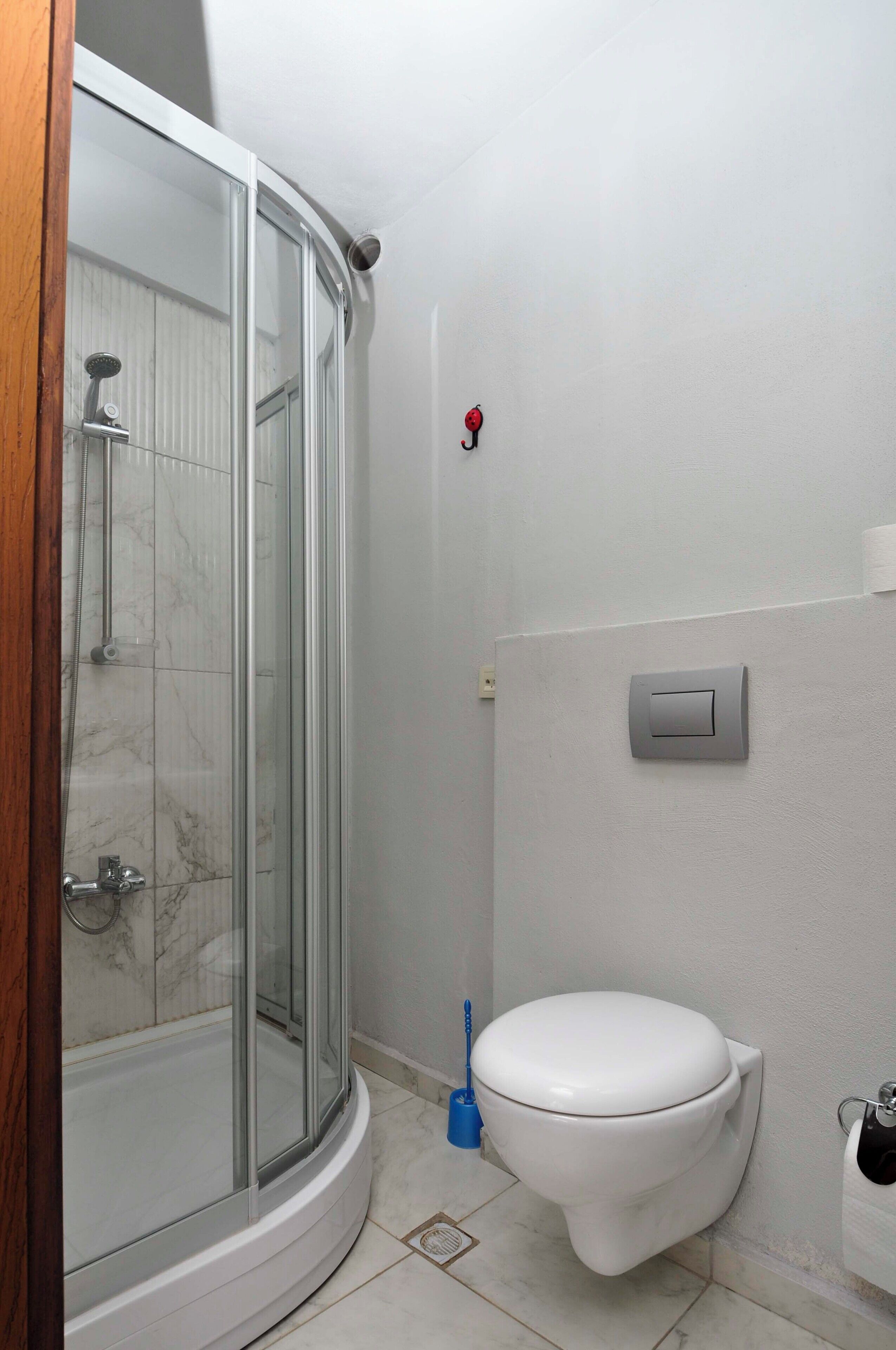 Shower, free toiletries, hair dryer, towels