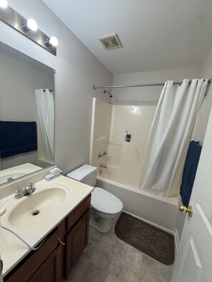 Hair dryer, bidet, towels, soap