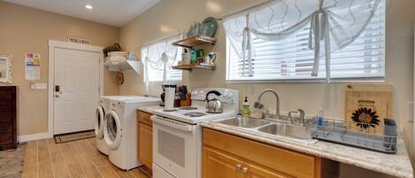 Fridge, stovetop, coffee/tea maker, cookware/dishes/utensils