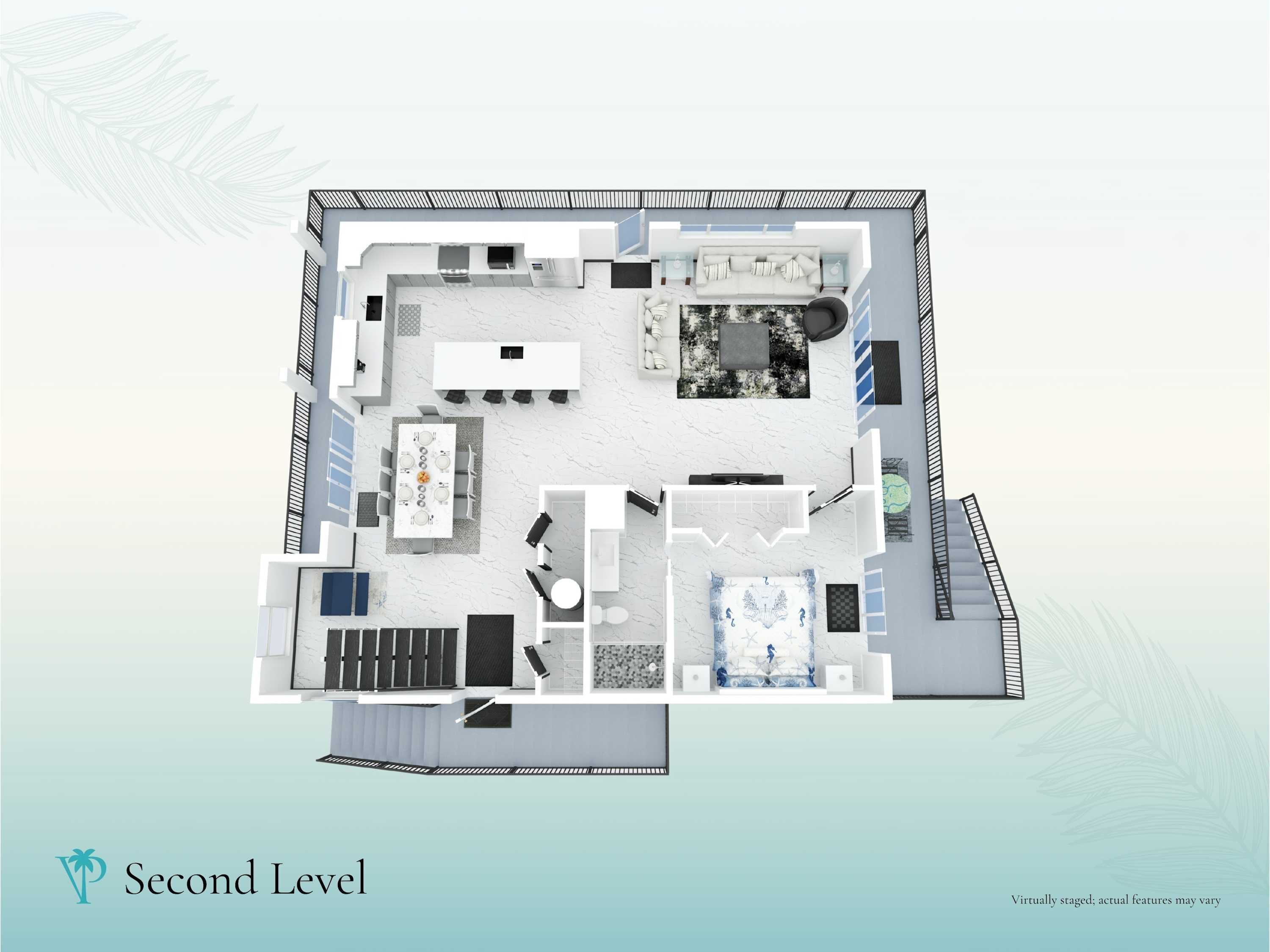 A 2D floor plan of a hotel room with a bed, a sitting area with a sofa and chairs, a small kitchen, and a bathroom.